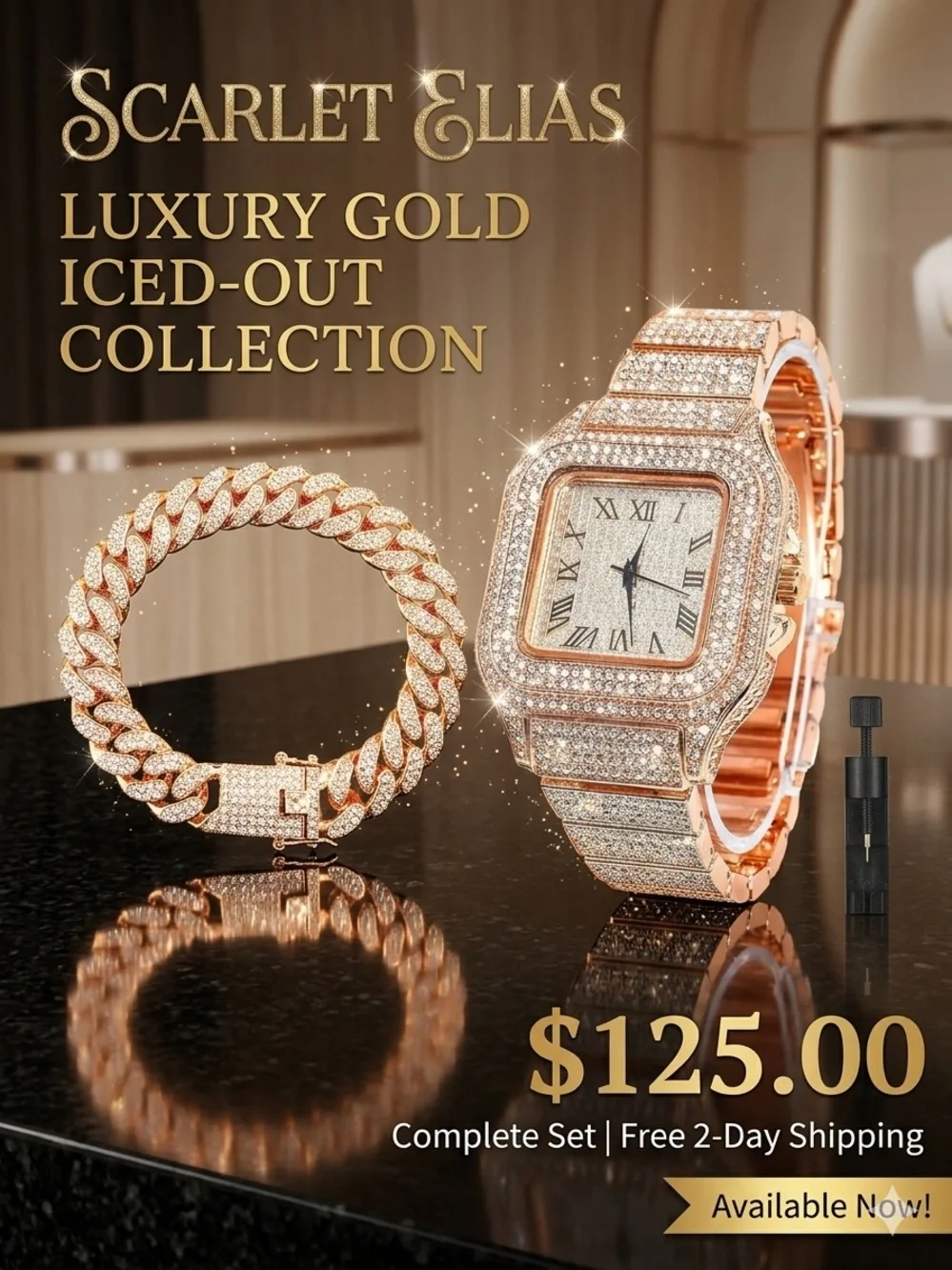 Unisex Luxury Gold Iced-Out Watch & oBracelet Set - Rose Gold